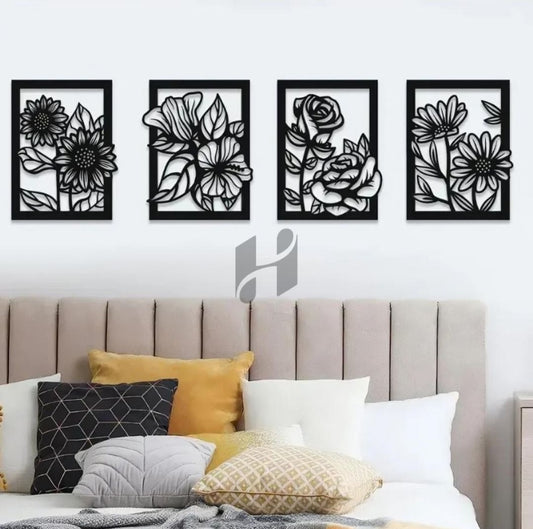 4 Set Flower in Frame Wooden Wall Decor | 4 Panel Flowers Wall Hangings